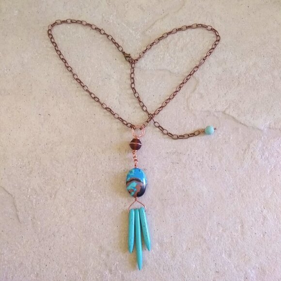 Boho Southwestern Wild Child Vibes! X-Long Turquoise & Brown Statement Necklace - Picture 4 of 12